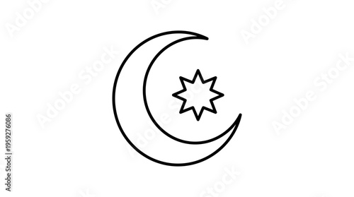 Minimalist crescent moon and star icon, symbolizing Islamic culture, faith, and identity, often used in religious, cultural, and national contexts as a recognizable emblem of spirituality.