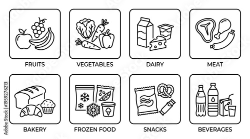 Set of eight grocery category icons including fruits, vegetables, dairy, meat, bakery, frozen food, snacks, and beverages, symbolizing shopping organization, inventory, and store layout essentials.