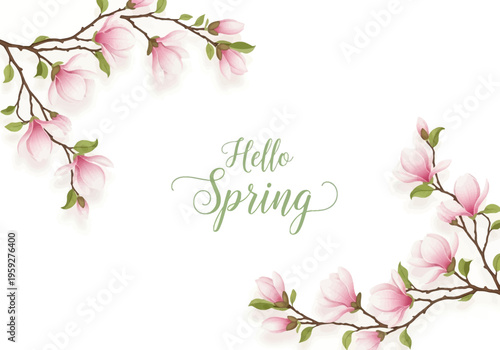Elegant Spring Blossom Corner Accents with "Hello Spring" Text on White Background