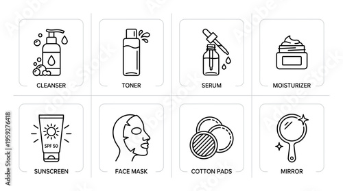 Set of eight skincare and beauty product icons including cleanser, toner, serum, cream, sunscreen, mask, cotton pads, and mirror, symbolizing self-care, cosmetics, and personal grooming essentials.