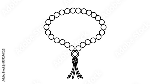 Minimalist prayer beads icon with loop, knot, and tassels, symbolizing spirituality, devotion, and meditation practices across cultures in a clean black-and-white line illustration.