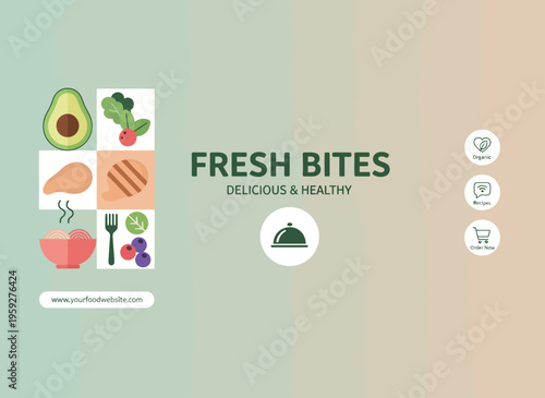 Healthy food blogger showcases Fresh Bites with avocado, meat, fruit, and greens.