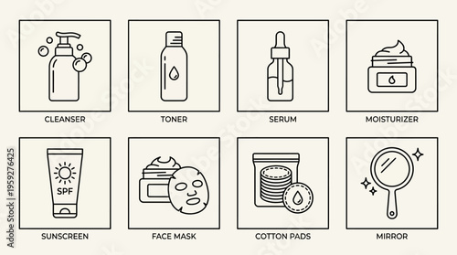 Set of eight skincare and beauty product icons including cleanser, toner, serum, cream, sunscreen, mask, cotton pads, and mirror, symbolizing self-care, cosmetics, and personal grooming essentials.