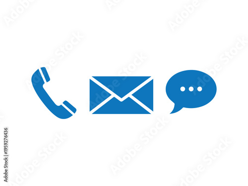 Blue icons representing telephone, email, and chat communication options are displayed against a white background.