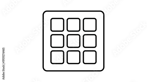 Minimalist 3x3 grid menu icon with nine evenly spaced squares inside a rounded square border, symbolizing app launcher, options, and digital navigation in modern user interface design.