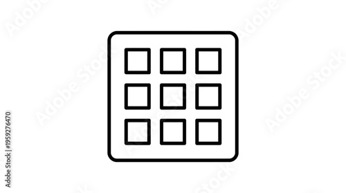 Minimalist 3x3 grid menu icon with nine evenly spaced squares inside a rounded square border, symbolizing app launcher, options, and digital navigation in modern user interface design.