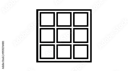 Minimalist 3x3 grid menu icon with nine evenly spaced squares inside a rounded square border, symbolizing app launcher, options, and digital navigation in modern user interface design.
