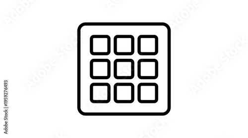 Minimalist 3x3 grid menu icon with nine evenly spaced squares inside a rounded square border, symbolizing app launcher, options, and digital navigation in modern user interface design.