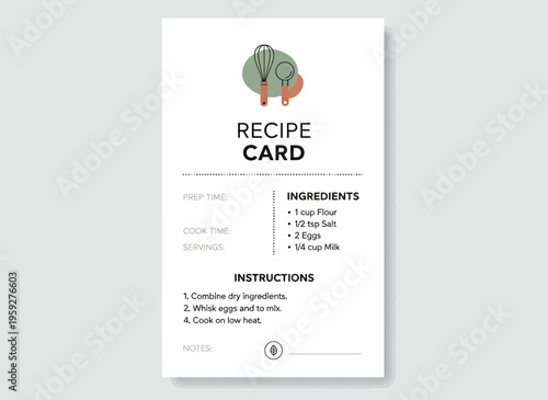 A recipe card illustration shows ingredients and instructions on a white background with eggs and flour.