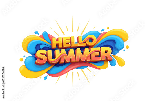 Hello Summer Vibrant Wavy Text Design with Splashes and Rays