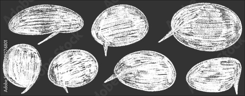 Bright bubble and speech shapes in crayon style, bubble and speech feel fun and drawn, crayon texture mixes with pencil, frame, balloon and doodle lines.