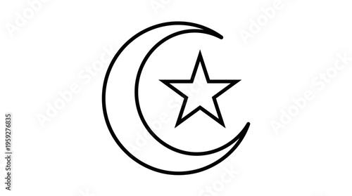 Minimalist crescent moon and star icon, symbolizing Islamic culture, faith, and identity, often used in religious, cultural, and national contexts as a recognizable emblem of spirituality.