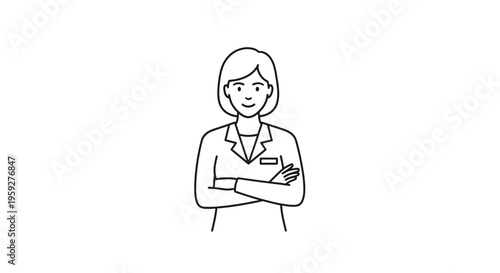 Confident Female Doctor or Scientist with Arms Crossed, Line Art Illustration