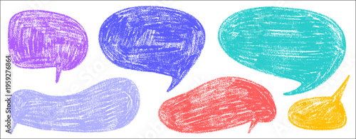 Soft bubble and speech forms in crayon style, bubble and speech feel natural and hand drawn, crayon texture pairs with pencil, frame, balloon and doodle.