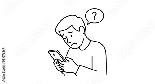 Confused man looking at smartphone, question mark, online communication problem, technology issue