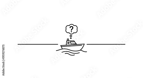 Confused boat with question mark in thought bubble on the sea