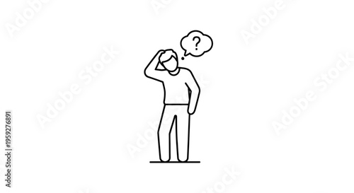 Confused Man Scratching Head with Question Mark in Speech Bubble, Thinking Icon