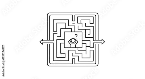 Confused person in maze with question mark, lost in complex problem, seeking solution