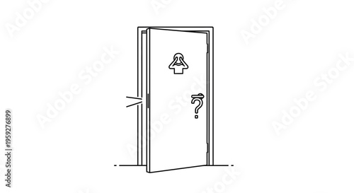 Confused person at a restroom door with a question mark and gender symbol