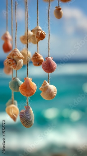 Colorful seashells hanging from a string with the sea in the background