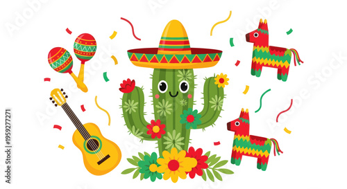 Cute Cactus Fiesta with Pinatas, Guitar, and Maracas - Mexican Celebration