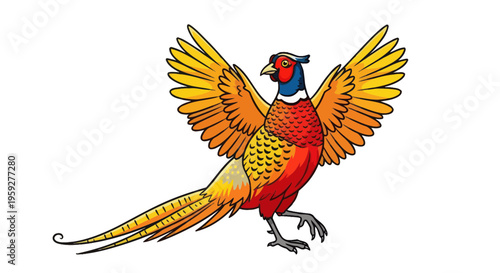 Colorful Pheasant Bird with Wings Spread, Isolated on White