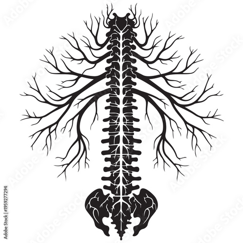 Human spine nervous system silhouette illustration with tree roots concept isolated on transparent background