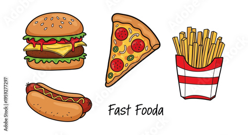 Delicious Fast Food Collage: Burger, Pizza, Hot Dog & Fries - Isolated on White