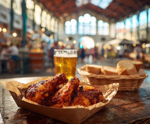 Piri piri chicken legs served with refreshing beer and bread on a rustic table inside a bustling market hall in portugal