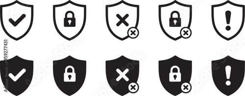 Security shield icon set, checkmark lock error blocked warning icons, outline and solid shields, data protection, security, privacy concepts, pictogram design