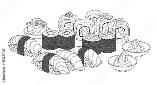 Japanese Sushi and Rolls Assortment Sketch Drawing