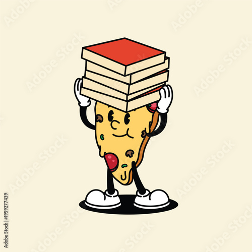 Cartoon pizza slice character carrying a stack of books.