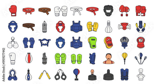 Martial Arts Equipment Collection: Karate, Boxing, Taekwondo Gear Icons Set