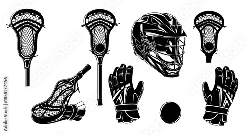 Lacrosse Equipment Set: Stick, Helmet, Gloves, Ball, and Shoe - Black and White Vector