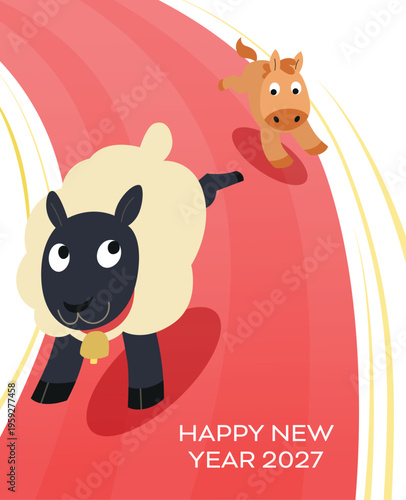 Former year's zodiac horse having a relay race with new year's zodiac sheep. Celebrating new year of the sheep 2027 and saying goodbye to former year of the horse.