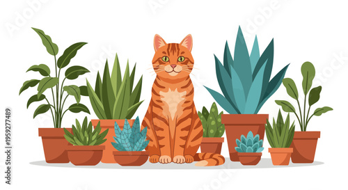 Orange Tabby Cat Sitting Among Potted Houseplants, Cute Pet Illustration