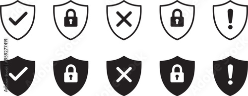 Security shield icon set, checkmark lock error blocked warning symbols, outline and solid styles, data protection, security, privacy concepts, vector illustration