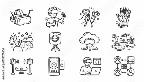 Black and white line icons of modern technology and communication.