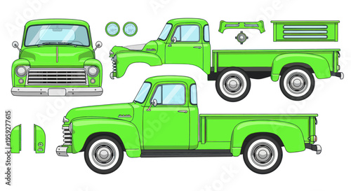 Vintage Green Pickup Truck Parts and Assembly Vector Illustration