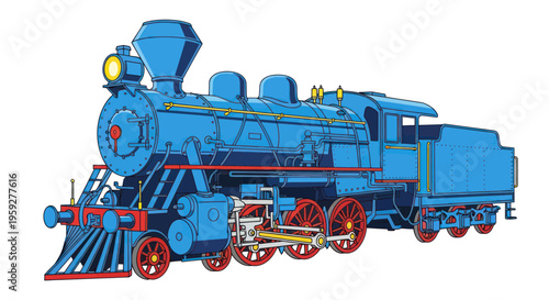 Vibrant Blue Vintage Steam Locomotive, Classic Train Illustration, Retro Transport