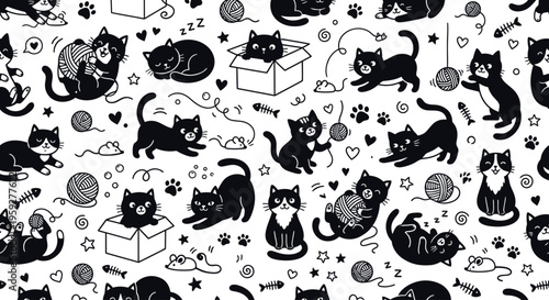 Pattern of Cute Cat Doodle Collection – Hand Drawn Kittens Playing, Sitting, Sleeping Vector Set 1