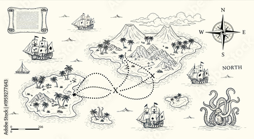 Vintage Pirate Treasure Map with Ships, Island, Kraken and Compass Rose