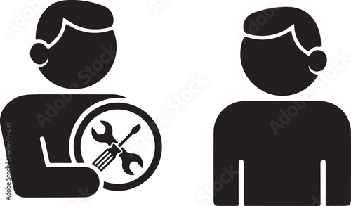 Man offers service, maintenance, help, assistance, support, car repair illustration. Vector.