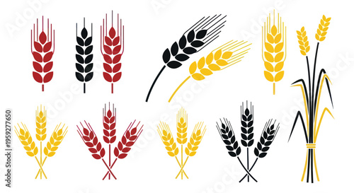 Wheat Ears Icons Set - Red, Black, Yellow Colors - Vector Graphics