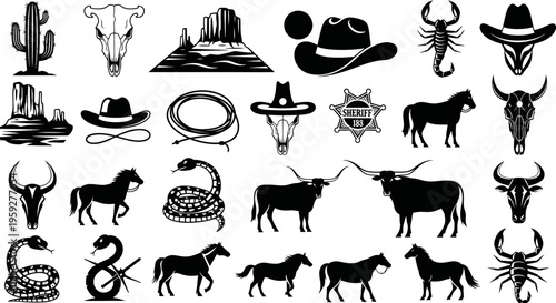 Wild West Vector Icons: Cowboy Hat, Skull, Cactus, Horse, Bull, Scorpion, Lasso
