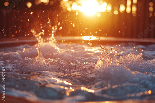Foaming water rises from active spa jets as warm sunset light shimmers across the surface. Relaxation, wellness, and luxury leisure create a soothing resort concept.