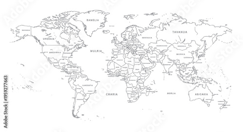World Map Outline Political - Clean Line Art Globe Geography