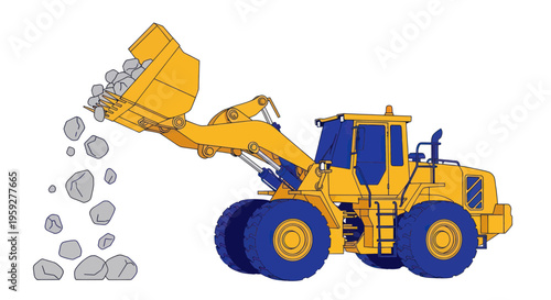Yellow Wheel Loader Excavator Moving Rocks - Construction Machine Illustration