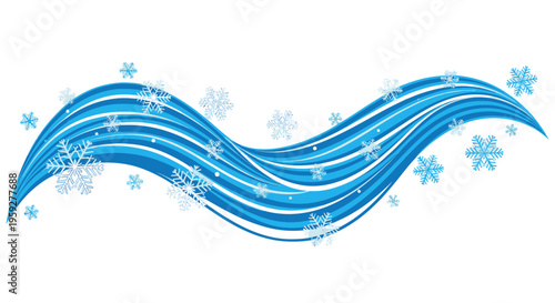 Abstract Winter Wind Flow with Snowflakes, Blue Waves