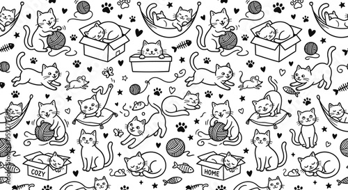 Pattern of Cute Cat Doodle Collection – Hand Drawn Kittens Playing, Sitting, Sleeping Vector Set 2